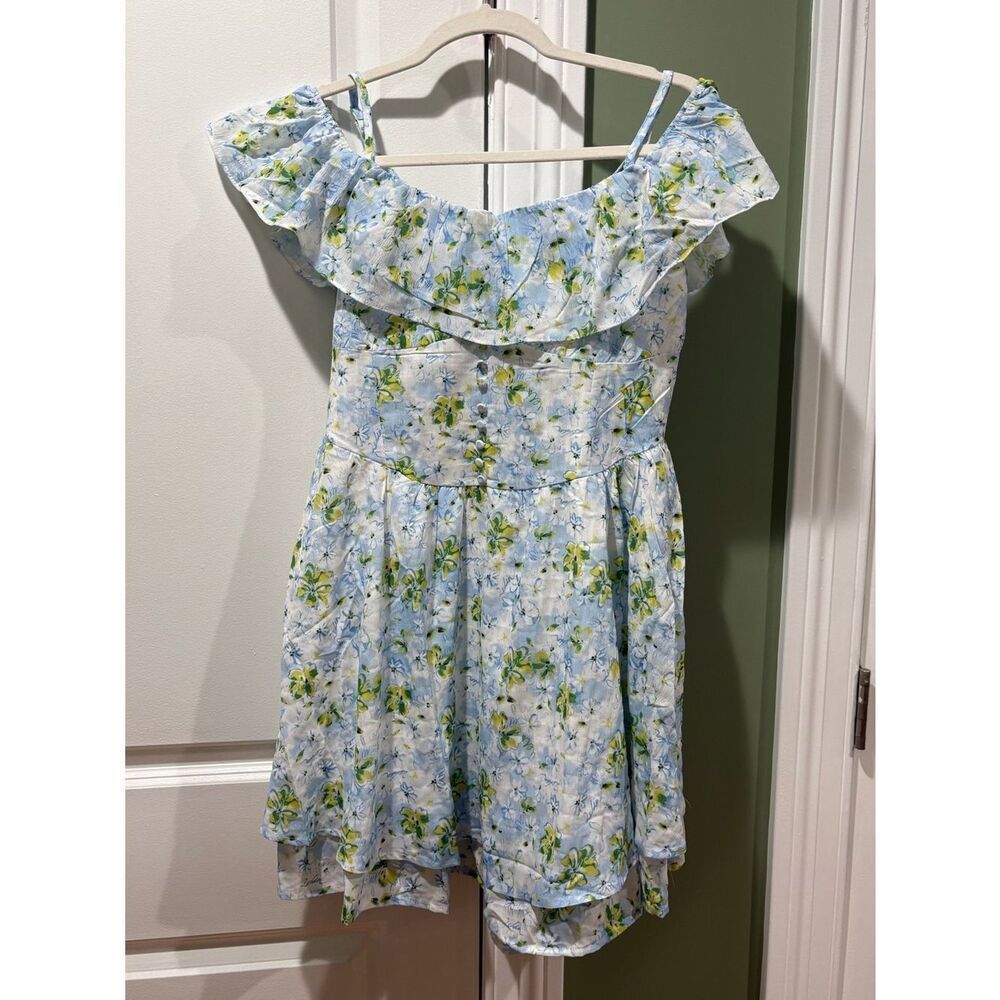 Light Blue Floral Off-Shoulder Mini Dress with Green Accents